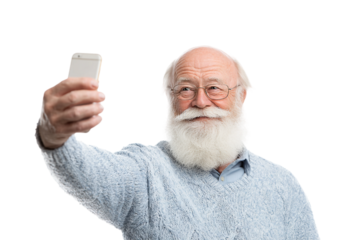 Senior adjusting phone angle for perfect selfie isolated on transparent background