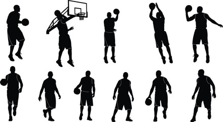 Basketball player silhouettes, slam dunk, dribbling, shooting pose, hoop action, sports icon, black vector, flat vector, athletic motion © Mahafuj  Creatives
