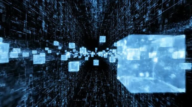 Seamlessly looping digital fragmented matrix background with glowing blue data blocks dissolving and reforming across the screen space, technology, internet