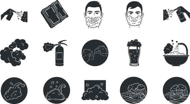 A collection of icons depicting soap, water, fire extinguisher, beer, and waves in black and white vector style, ideal for hygiene and beverage branding