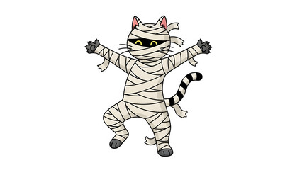Cartoon mummy cat illustration cute Halloween character for kids isolated on white background