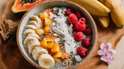 バナナ、マンゴー、ラズベリーをトッピングしたチアシードボウル｜ヘルシーな朝食