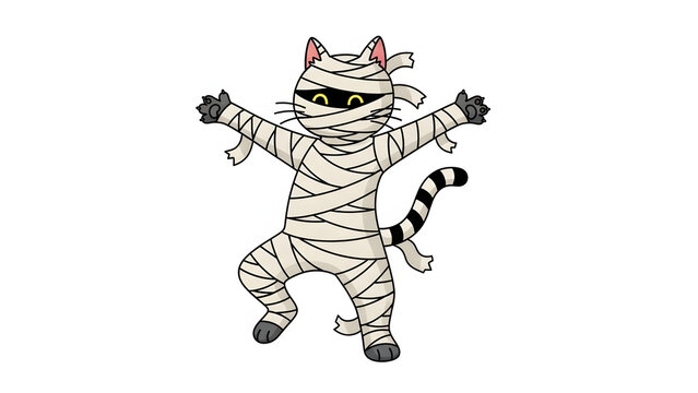 Cartoon mummy cat illustration cute Halloween character for kids isolated on white background