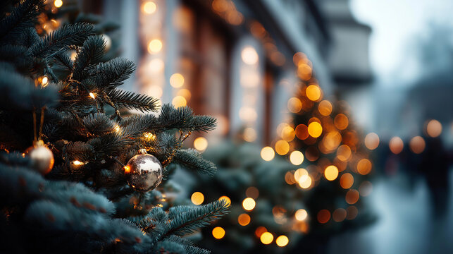 Close up of Christmas tree with garland faceless festive branches heavily defocused blurred lights bokeh background holiday decoration detail seasonal tree styling sparkling