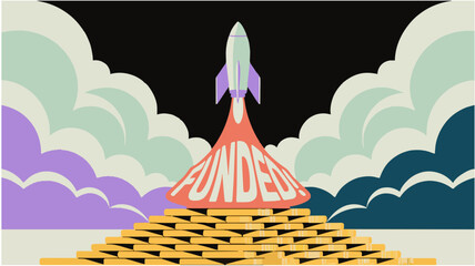 Funded Success Rocket Launching Above Gold, Illustrating Financial Achievement and Growth