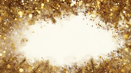 A festive golden border with sparkling elements and evergreen leaves, creating a celebratory and elegant backdrop.