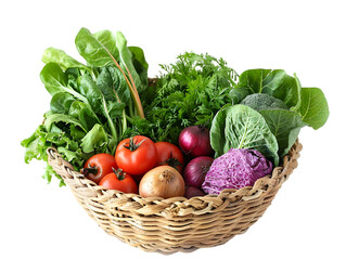 A woven basket filled with fresh vegetables including tomatoes onions and leafy green vegetables