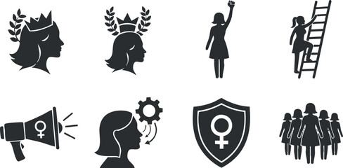 A collection of women empowerment icons in black silhouette vector style, suitable for feminist advocacy and social campaigns