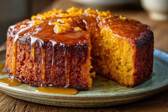 Broa Castelar, moist sweet potato cake with sticky orange glaze, slice taken out, sitting on green plate. Concept of sweet potato cake orange glaze with shallow depth of field.