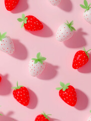 ピンクの背景に並べられた赤と白のイチゴのクローズアップパターン