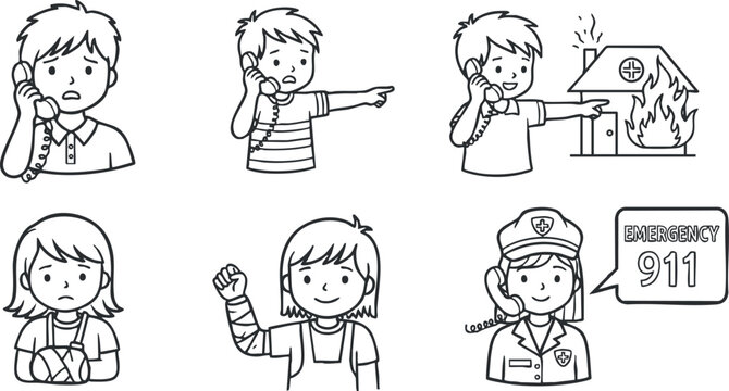 A set of emergency response illustrations featuring children and emergency services in black and white outline vector style, ideal for safety training materials
