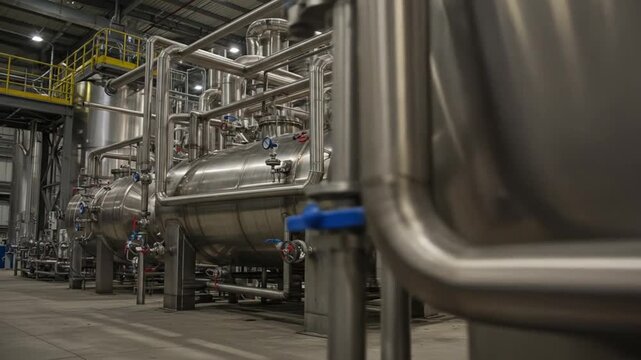 Large industrial facility with gleaming stainless steel tanks and extensive pipework for processing
