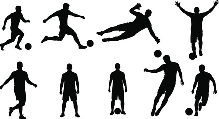 Soccer player silhouettes, kicking, dribbling, jumping, football poses, black icons, sports action, vector set, flat vector, athlete movement