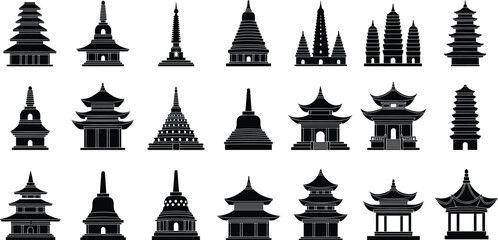 PrintAsian Temple and Pagoda Silhouette Collection, Buddha Stupa Icon Set, Traditional Eastern Landmark Architecture, Vector Graphics for Travel and Religion Design, Black and White Monochromatic