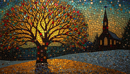 Christmas Night Mosaic Art with Illuminated Tree and Cross Church &mdash; Template for Print and Social Media