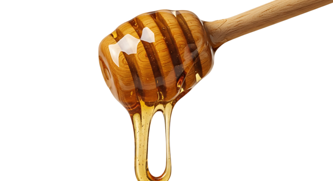 Golden honey dripping from a wooden dipper stick