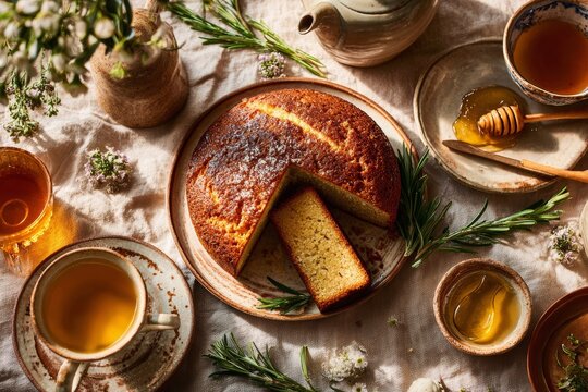 Broa Castelar on rustic wooden plate, golden-brown sweet potato cake with orange glaze, surrounded by tea cups, honey jar, and rosemary. Concept of cozy atmosphere with soft lighting.