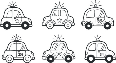 Naklejka premium A set of six cartoon-style police cars with sirens and badges in black and white vector style, suitable for children's design projects