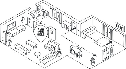 An interior room layout illustration featuring furniture and navigation elements in a minimalist vector style, ideal for interior design projects
