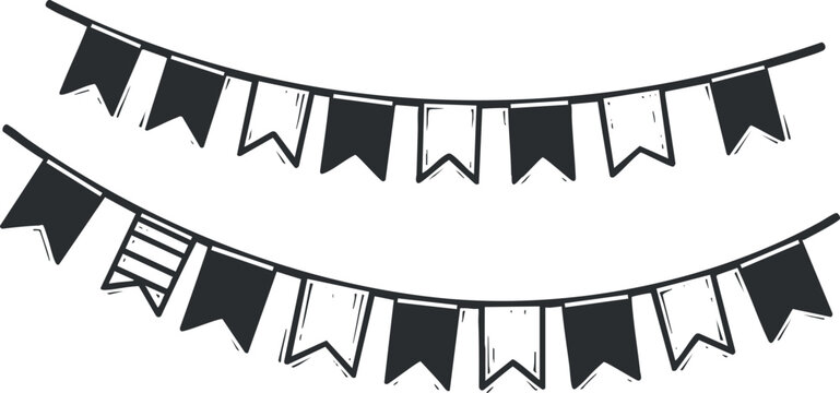 A set of decorative banners with flags in black and white outline vector style, ideal for festive celebrations and event decoration