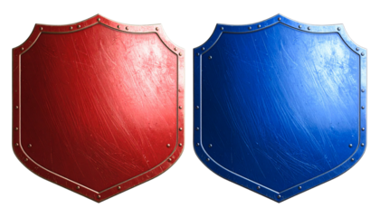 Pair of Scratched and Distressed Metal Shields in Red and Blue Isolated