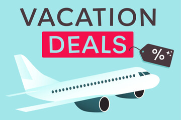 Vacation deals. Airplane with percentage tag and text. Travel savings and promotion concept.