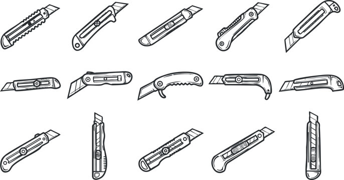 A collection of utility knives in black and white outline vector style, suitable for design and illustration projects