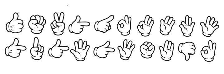 Naklejka premium Mega set of Cartoon comic hands gestures with different signs and symbols. Gesturing human arms in doodle style. Hands poses. Vector illustration
