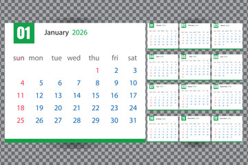 Desk calendar template for 2026 complete monthly layout vector illustration for print and planning