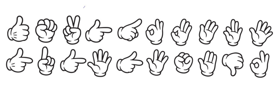 Mega set of Cartoon comic hands gestures with different signs and symbols. Gesturing human arms in doodle style. Hands poses. Vector illustration