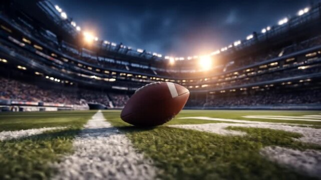 Night stadium lights blaze over a close-up football resting on crisp turf, framed by vast stands.!!!