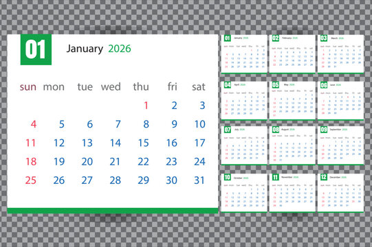 Desk calendar template for 2026 complete monthly layout vector illustration for print and planning
