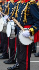 Marching Band Drummers in Uniform - A Close-Up View of Precision and Tradition.