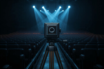 Mysterious illuminated pedestal on a dark stage
