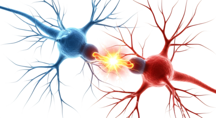 Two neurons communicating with electrical impulse and light, cutout, PNG isolated on white or transparent background