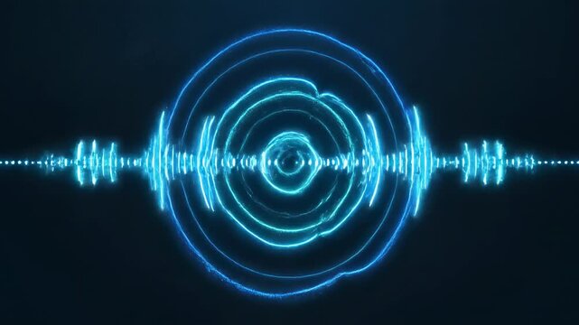 Seamlessly looping digital sound waves propagating outwards across a deep navy background creating a mesmerizing rhythmic echo effect geometric, navy, pulse