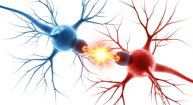 Two neurons communicating with electrical impulse and light, cutout, PNG isolated on white or transparent background