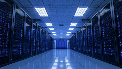 Data center server room with rows of computer equipment and servers