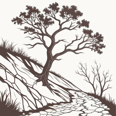 Obraz premium Silhouette of a gnarled tree on a rocky slope beside a cracked path with sparse grass