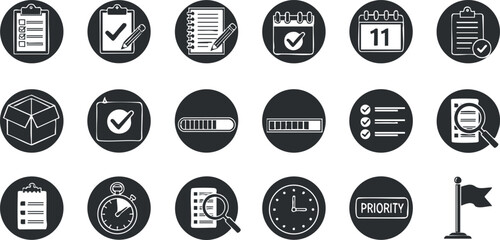 A collection of productivity and organization icons including checklists, calendars, and timers in black and white flat vector style, ideal for business and office applications