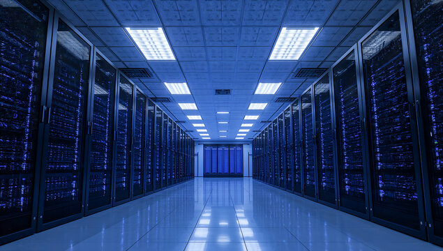 Data center server room with rows of computer equipment and servers