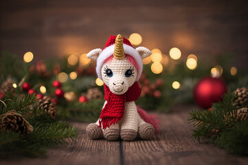 Adorable crochet unicorn wearing a santa hat and scarf for christmas
