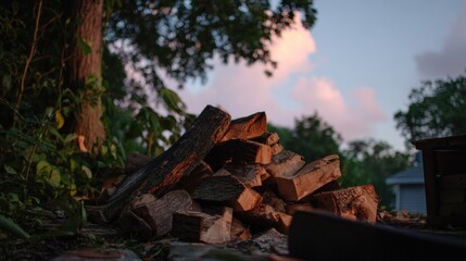 Fototapeta premium Stack of cut timber rests outdoors under a softly colored twilight sky