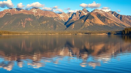A stunning view of snow-capped mountains reflected in the pristine blue waters of a calm lake surrounded by lush forest under a clear, vibrant sky is breathtaking.