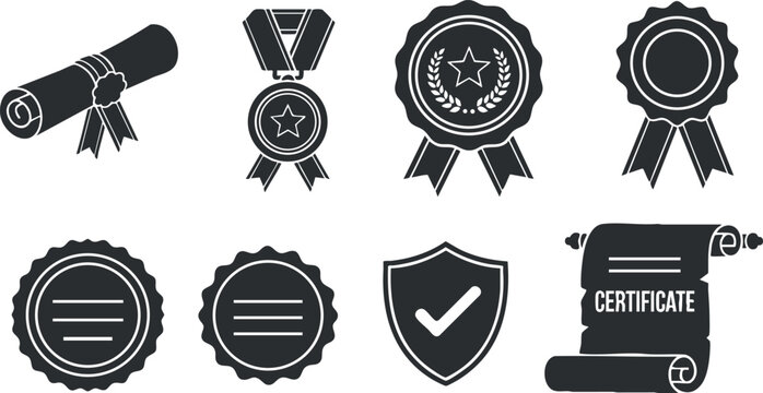 A collection of award and certificate icons including ribbons, medals, seals, and scrolls in black and white vector style, ideal for educational and recognition projects