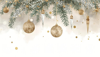 Festive border in watercolor with conifer twigs, pine cones, and beautiful embellishments