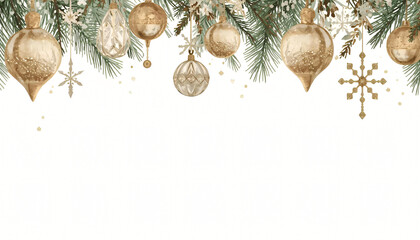 Christmas invitation design with pine branches and golden ornaments in watercolor style