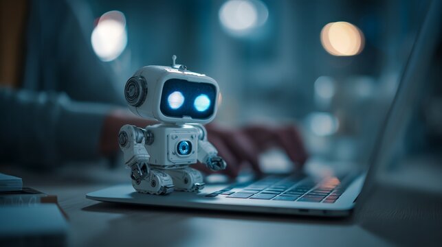 Friendly AI robot observing typing hands, reflecting human-machine teamwork, digital assistance, and advanced technology in everyday work