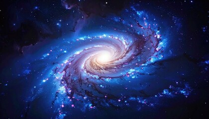 Fototapeta premium Vast Blue Spiral Galaxy with Bright Core and Swirling Arms Detailed Nebula Clouds and Distant Stars in Deep Space Cosmic Panorama