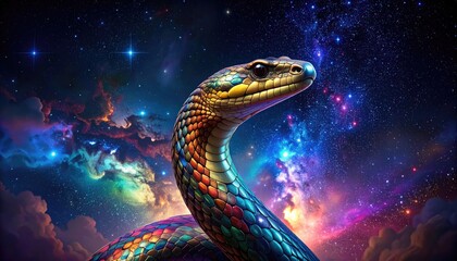 Vibrant Cosmic Serpent Ascending Through Starry Nebula Galaxy with Colorful Scales Under Dramatic Lighting